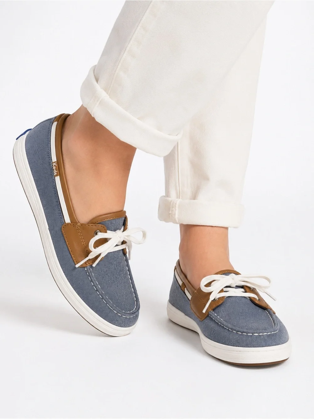 Keds Ortholite Canvas Boat Shoes Chambray Blue & Tan Lace-Up Sneakers Women’s 8